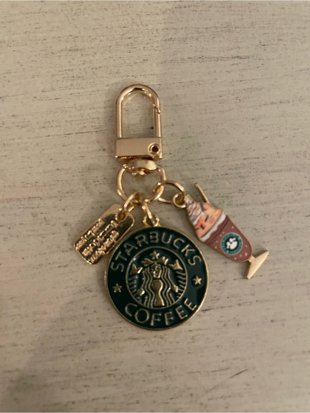 Starbucks Green & Gold Enamel Logo Keychain with Pink Drink Charm